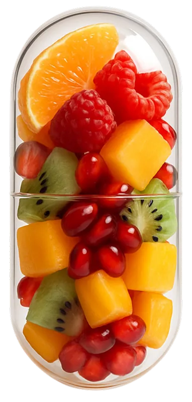Eine Kapsel aus transparentem Glas mit Früchten